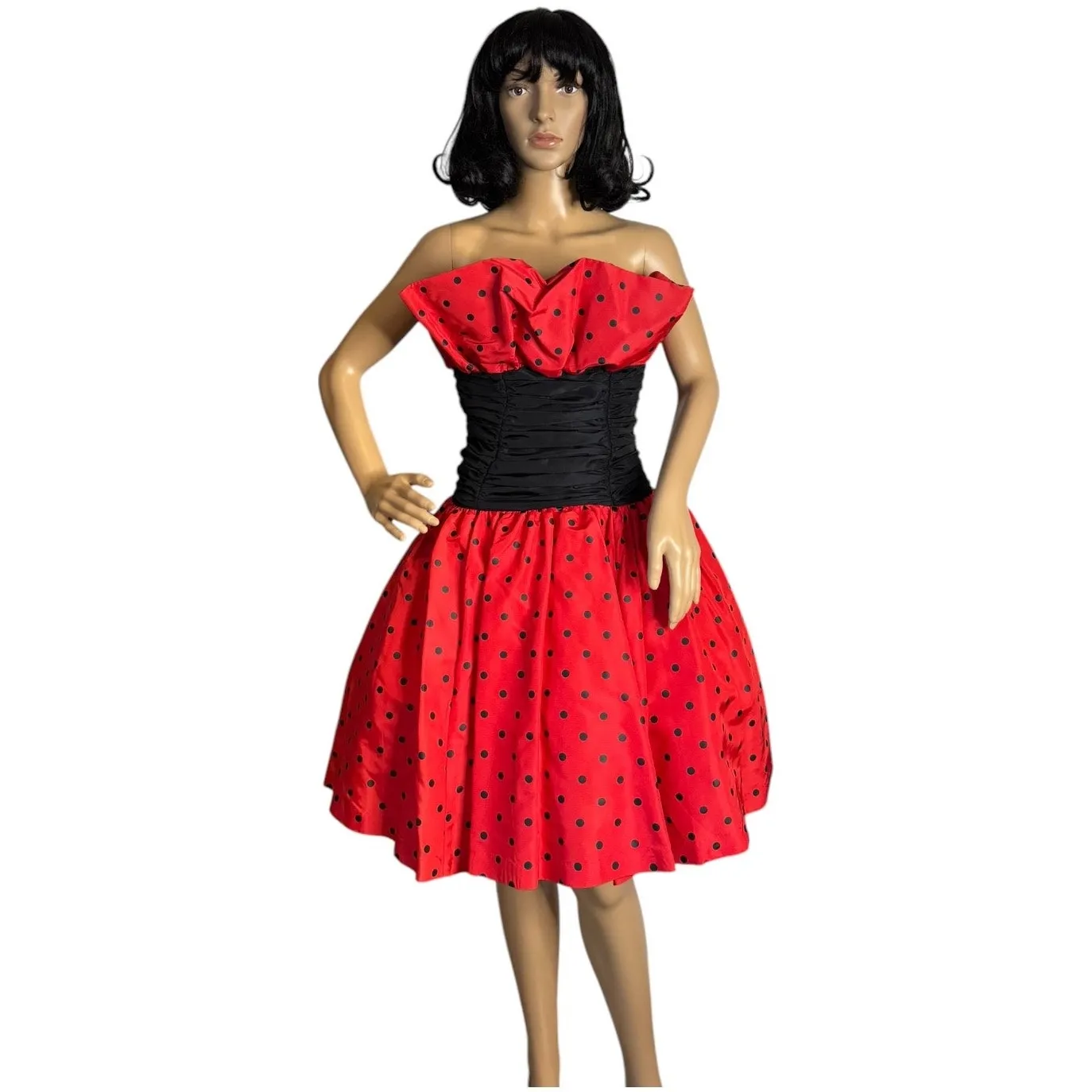 Vintage OOAK 80’s strapless red & black polkadot strapless ruched dress size XS - Image 12