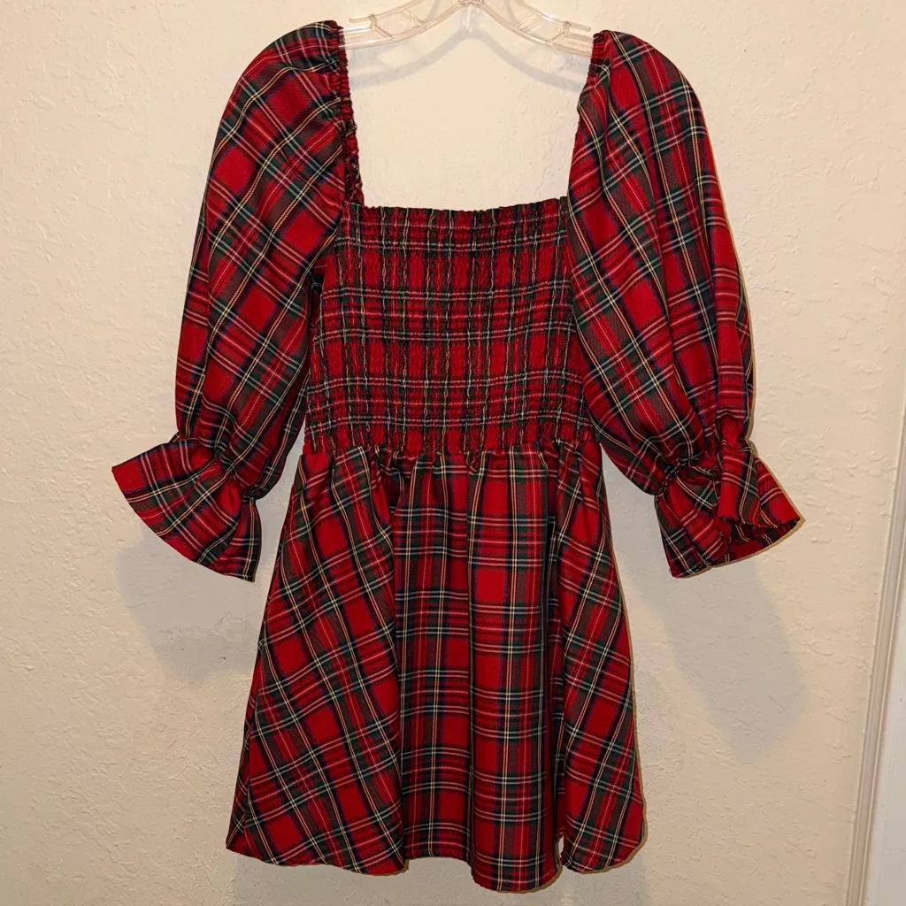 Francesca's Blue Rain Abigail Red Plaid Smocked Nap Mini Dress Christmas plaid - Image 3