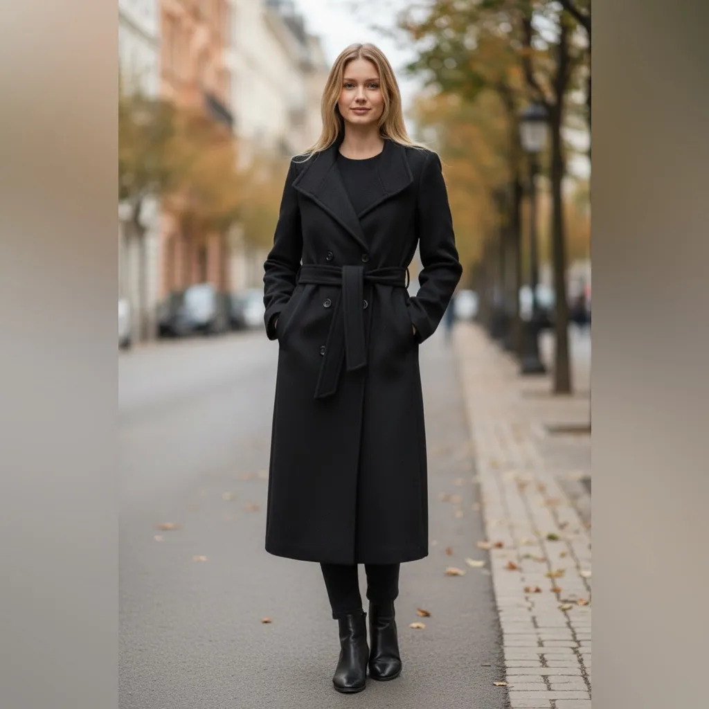 Mango size Medium Woolen Italian Wool Double-Breasted Belted Trench Coat Black - Image 2