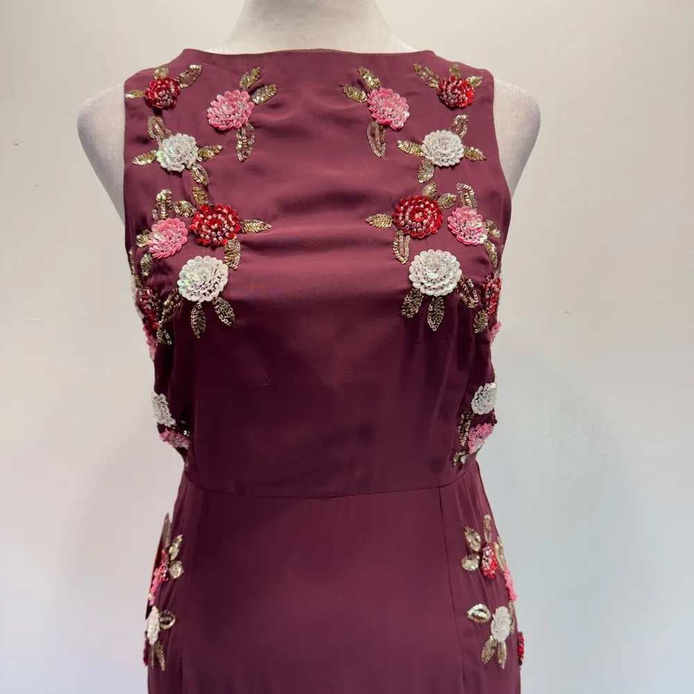 Frock & Frill Burgundy Sleeveless Midi Dress Sequined Flowers Open Back ModCloth Size 8 - Image 11