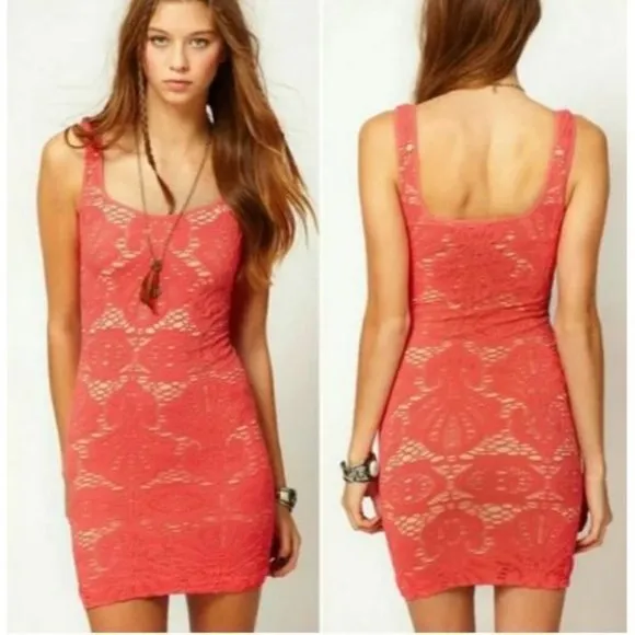 Free People Intimately Medallion Lace Slip Dress Orange Bodycon Lined XS/S $68 - Image 2