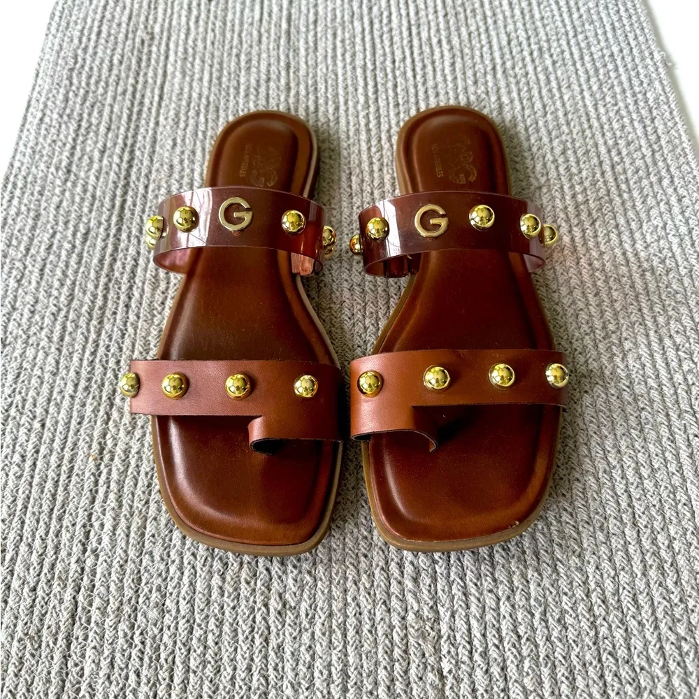 GBG Cognac Brown Gold Studded Slides Sandals Size 8 - Image 10