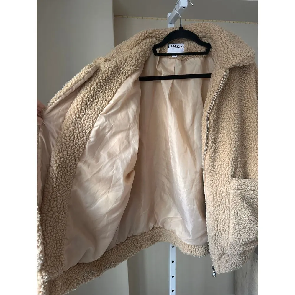 I AM GIA Pixie Full Zip Oversized Tan Sherpa Jacket size XS - Image 9