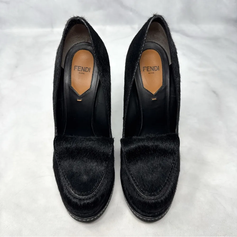 FENDI Ice Heel Calf Hair Leather Loafer Platform Wedge Avant Garde Goth Black 36 - Image 6