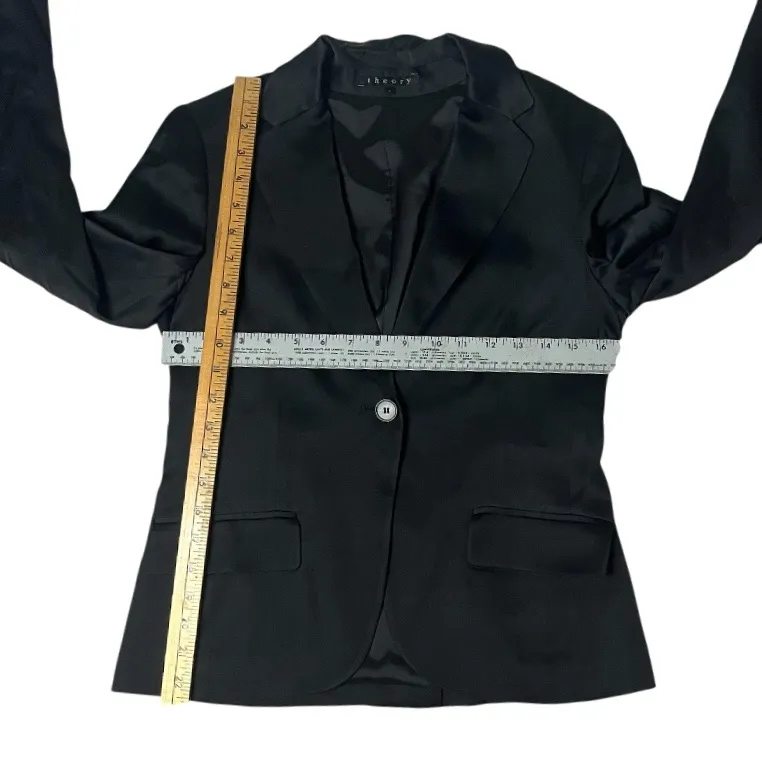 THEORY Black Pantsuit One Button Blazer Satin Finish Flared Womens Size 4 - Image 7
