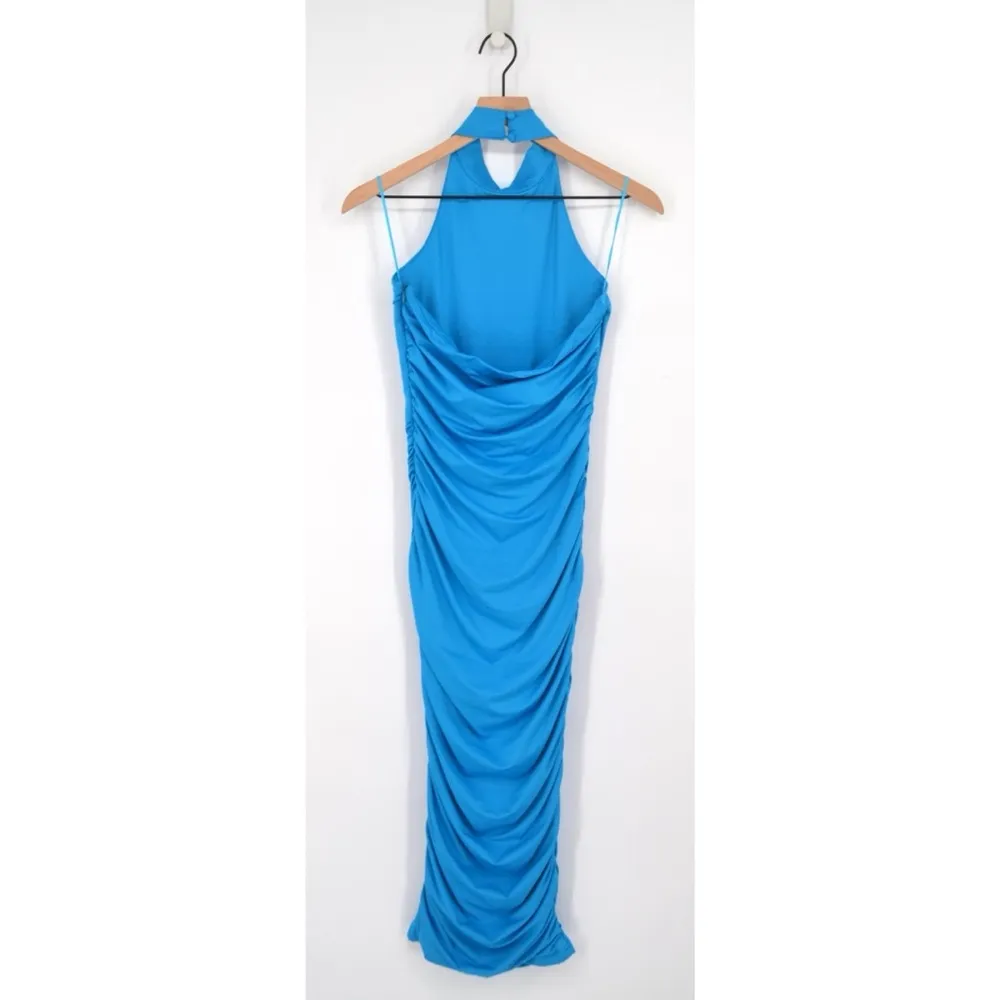 Superdown Mallory High Neck Bodycon Midi Dress Ruched Halter in Blue Women's S - Image 4