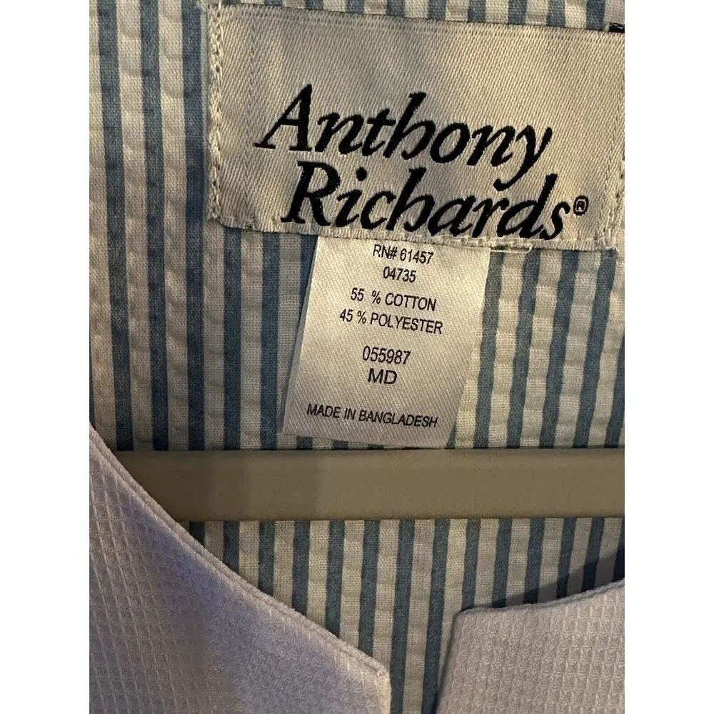 Anthony Richards House Coat Snap Button Seersucker Pockets Short Sleeve Medium Blue - Image 3