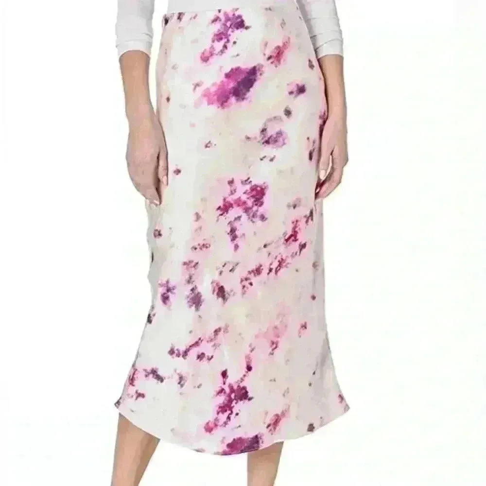 Bardot Women's White Pink Satin Pencil Midi High Rise Waist Skirt Size 4 - Image 10