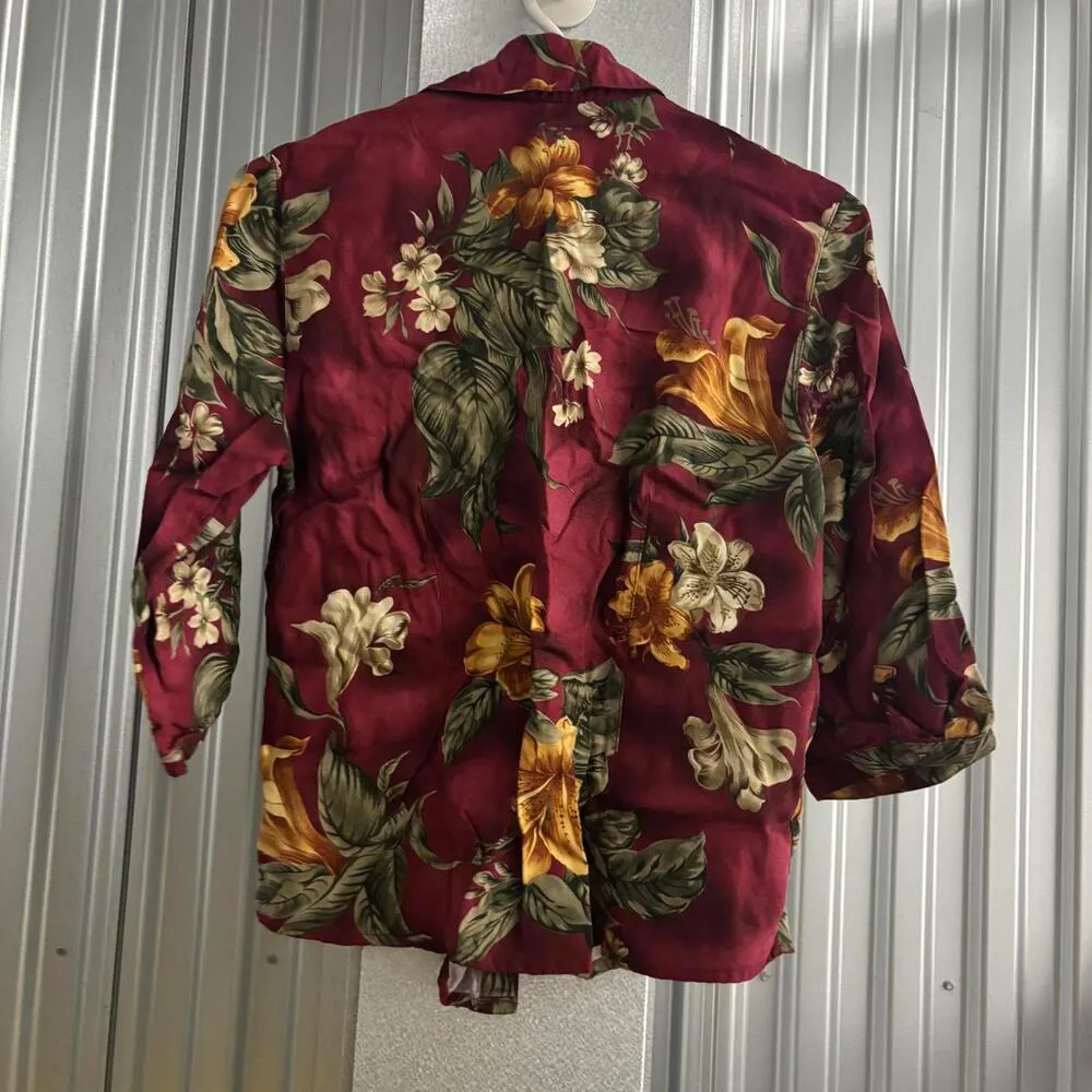 Caribbean Joe Deep Red Maroon 3/4 Sleeve Hawaiian Hibiscus Button Up Shirt Top - Image 6