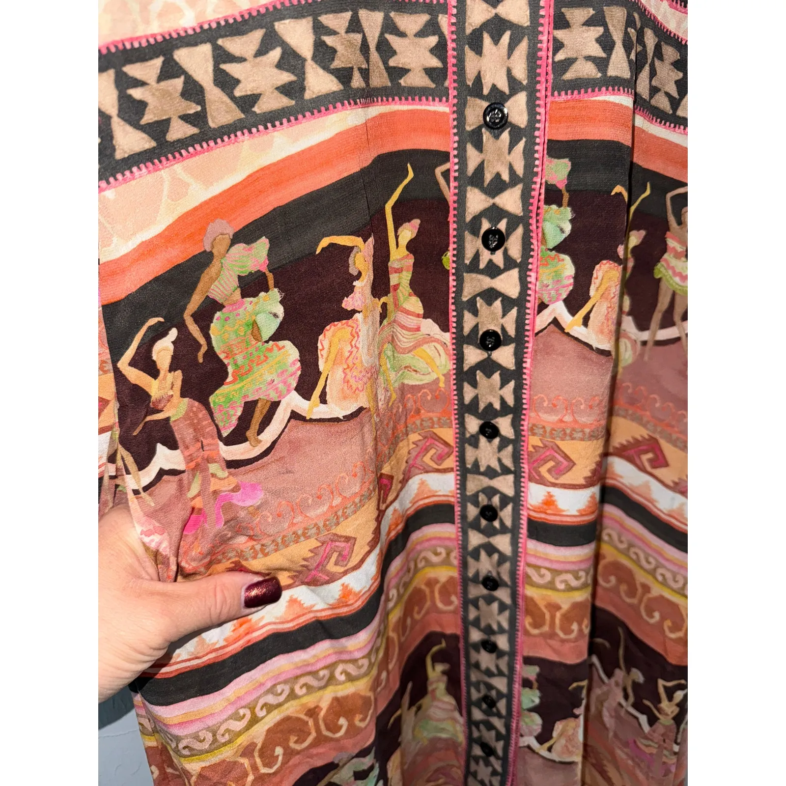 Hayley Menzies Silk Dancing Ladies Print Maxi Shirt Dress Pockets Size Medium Pink - Image 14