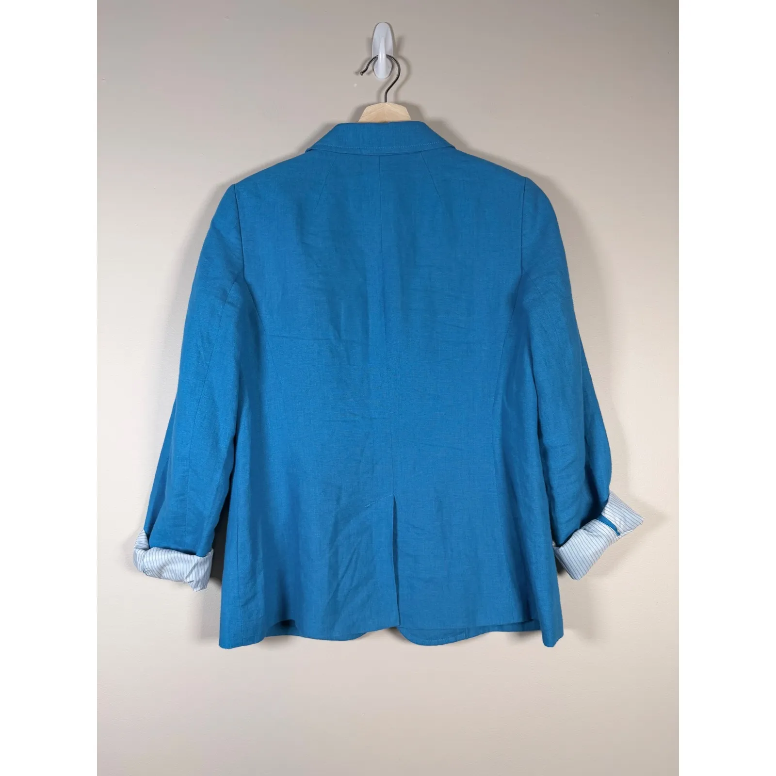 Talbots Blue 100% Linen Blazer Jacket Women's Size 4 Button office long Sleeves - Image 6