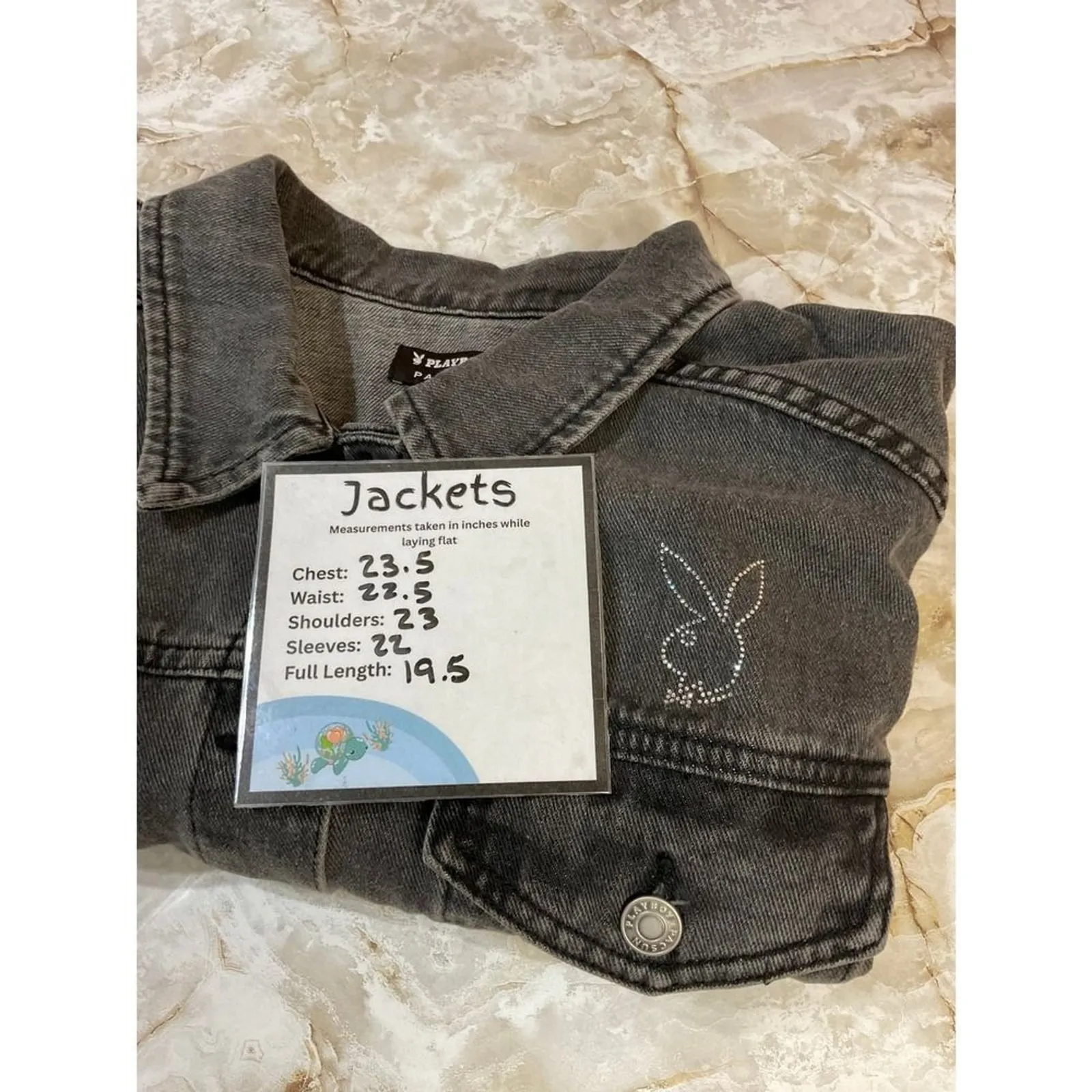 Playboy Pacsun Gray Rhinestone Denim Jacket Cropped Raw Hem Bunny Logo - Image 5