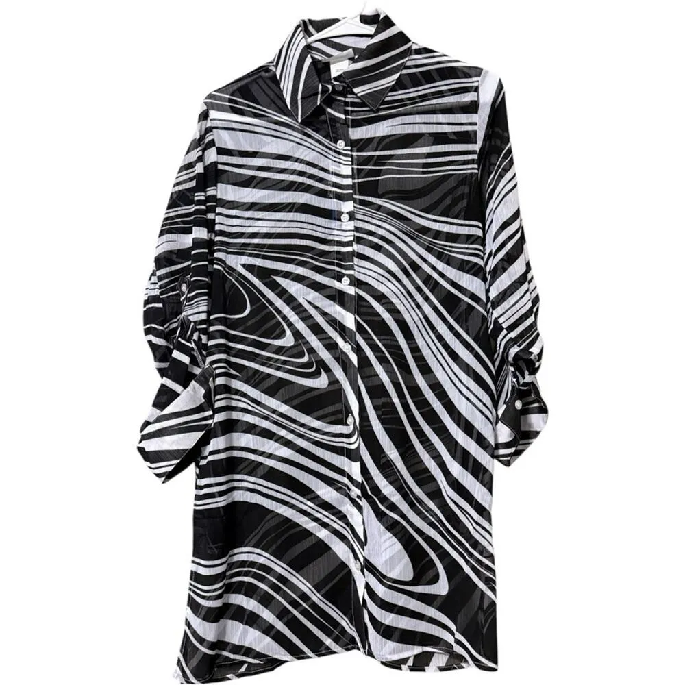 BLEU|ROD BEATTIE new wave shirt women’s size small long roll up sleeves coverup - Image 2