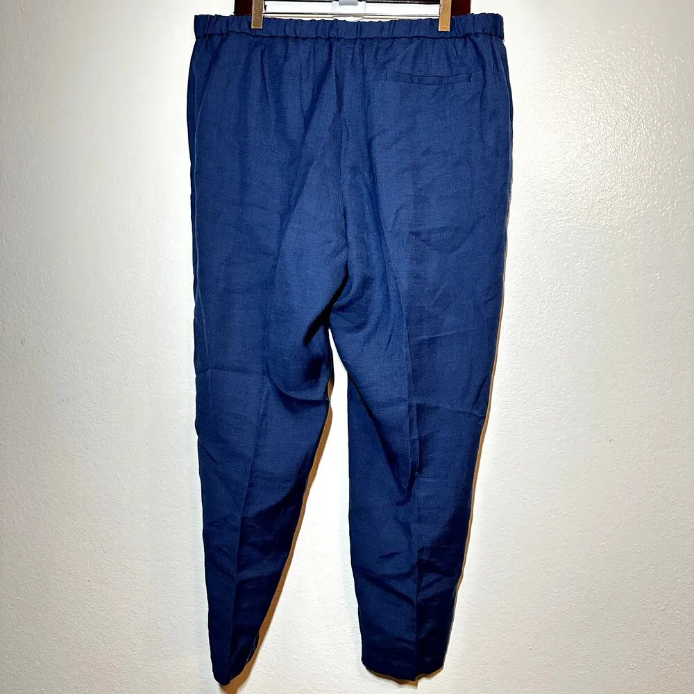 Eileen Fisher Crepe Ankle Trousers Linen Pleated Straight Leg Denim Blue Large - Image 4