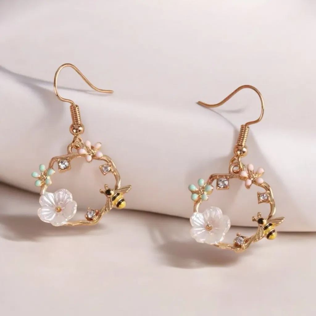 Delicate Floral‎ Circle Golden Plated Earrings with Bee & White Flower Design Gold - Image 3