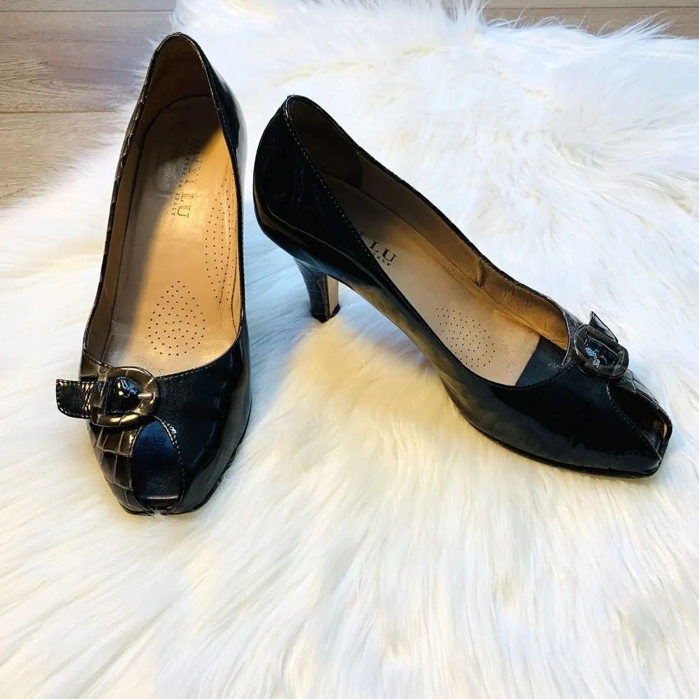 ANYI LU Olive Patent Leather Peep Toe Pumps 40 Green Size 10 - Image 3