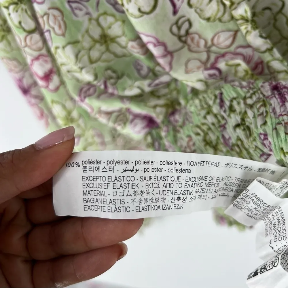 Zara Chiffon Floral Print Surplice Neck V Neck Shirred Waist‎ Peasant Sleeve Top - Image 9