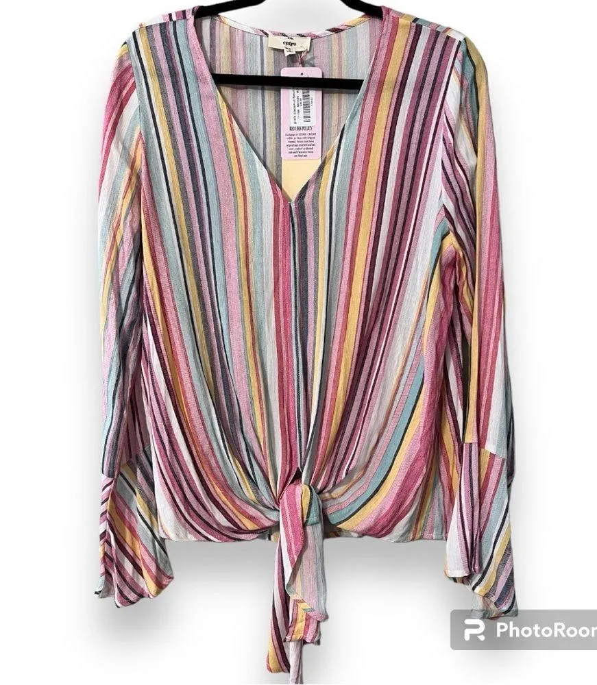 ENTRO size medium women’s striped v-neck tunic tie from bell sleeve pulllver top - Image 11