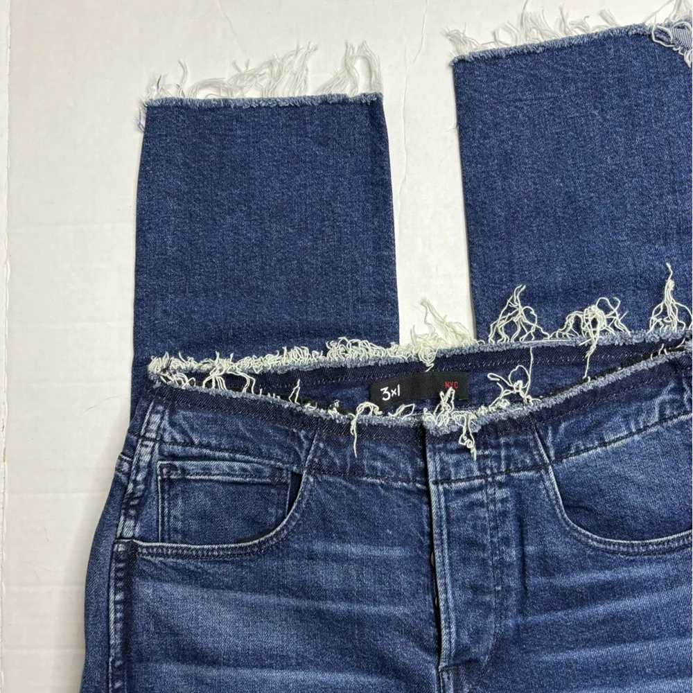 3x1 Darkwash Buttonfly Raw Hem Distressed Straight Leg Jean - Image 2