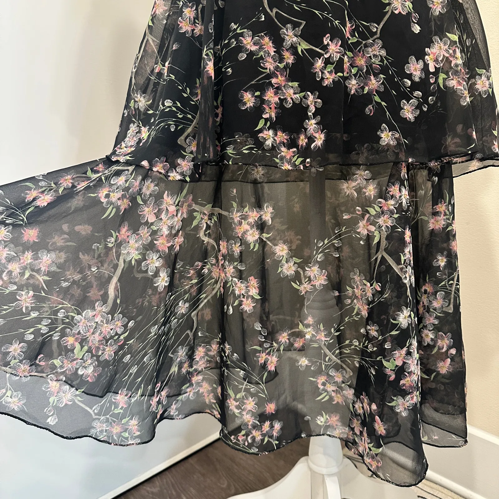 VTG 60-70s Black Chiffon Tiered Midi Dress Pink Floral Coquette Fairy Cottage XS - Image 8