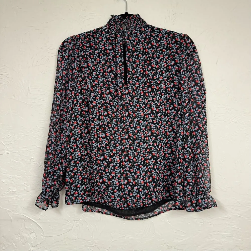 1 State Black Red Floral Print Blouse Women XS Fall Peasant Shirt Top High Neck - Image 4