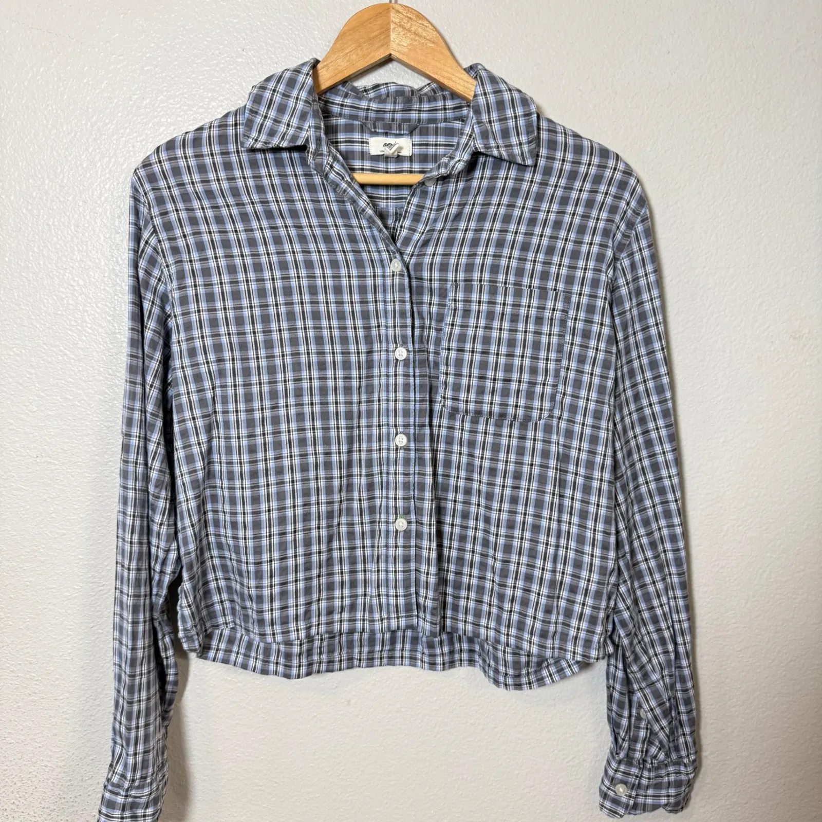 Aerie Plaid Cropped Button Up Shirt Womens XS Blue Grey Long Sleeve Casual - Image 7