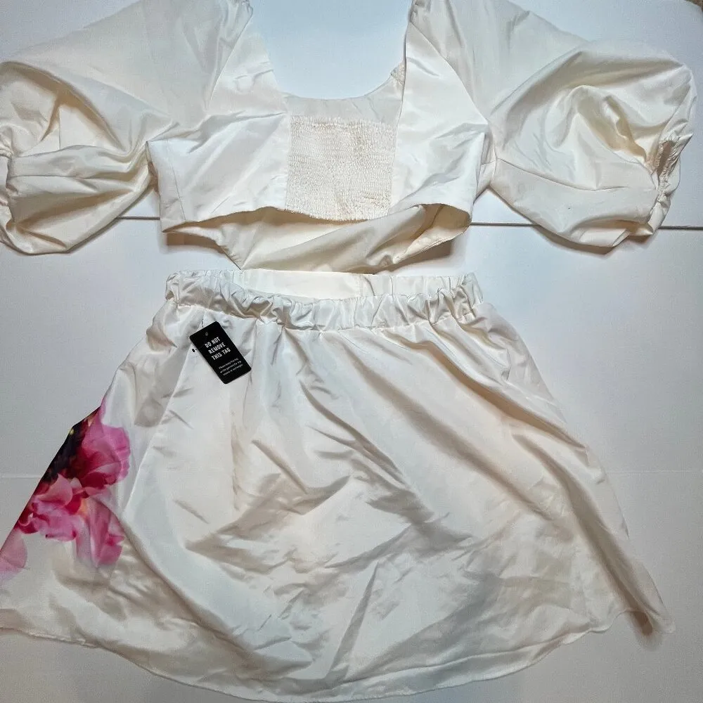 Express Puff Sleeve Cream Pink Cut Out Floral Print Mini Dress Smocked Back SZ M - Image 6