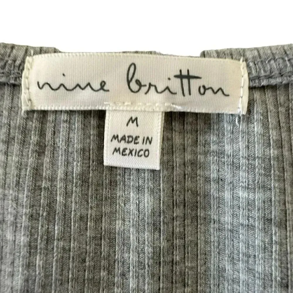 Nine Britton Solid Gray Ribbed Knit Square Neck Puff Sleeve Bohemian M # 1890 - Image 3