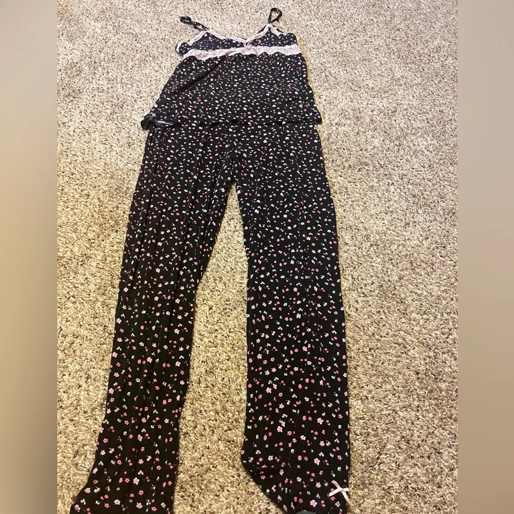 ❤️ Rene Rofe Black and Pink Pajama Sleepwear Set with pants and spaghetti top Size L - Image 2