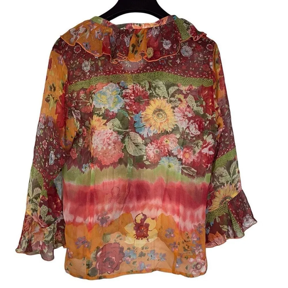 Coldwater Creek Womens Floral Silk Button Ruffled Blouse Size Small Office - Image 3