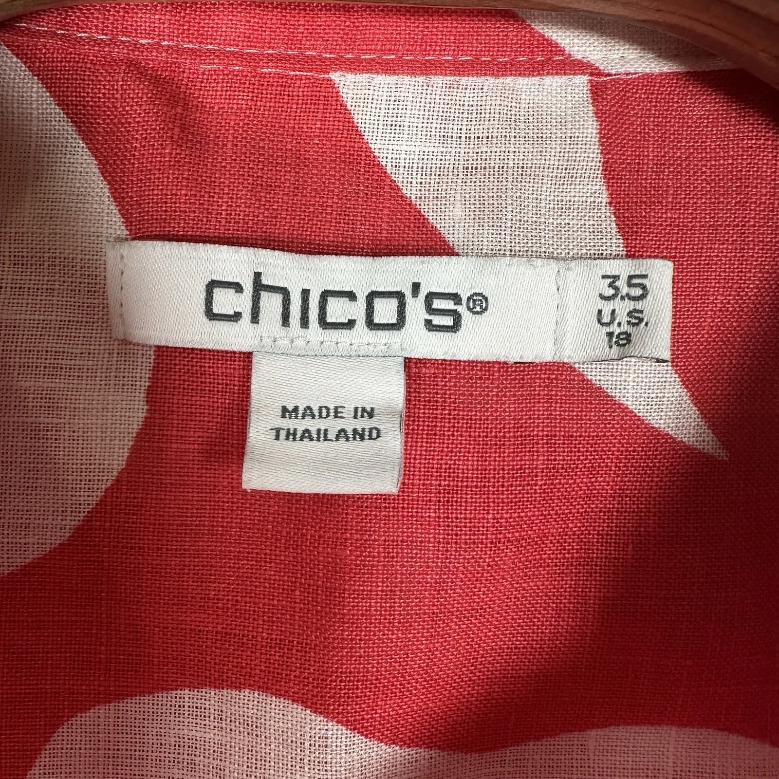 Chicos Red White Print 3/4 Sleeve Button Up Shirt 100% Linen Womens 3.5/18/XL - Image 5