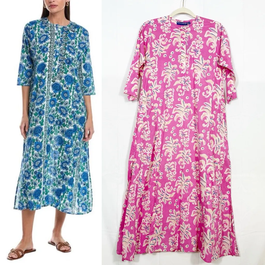Ro’s Garden Cotton Classic Kurta Long Midi Maxi Dress Kazo Pink Floral Bohemian Size XS - Image 2