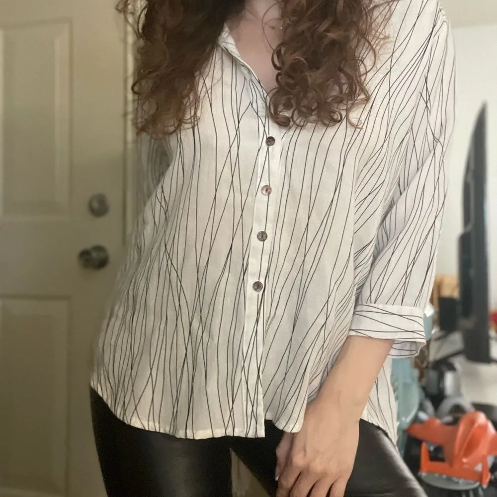 Fridaze Linen Button Up‎ Shirt Abstract Striped Small White - Image 2