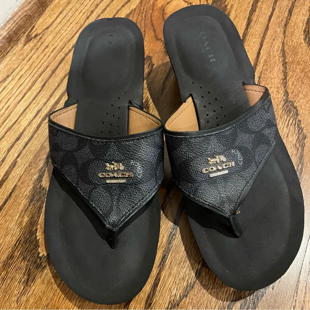Coach Black Leather Platform Flip-Flops - Image 2