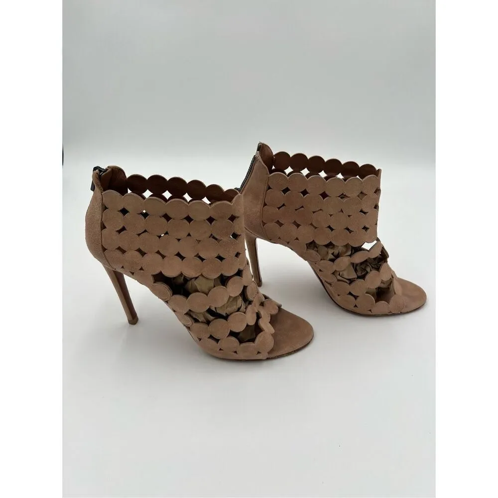 Alaia Paris Laser Cut Suede Booties Sandals Heels Nude Made in Italy 37.5 Tan Size 7 - Image 2