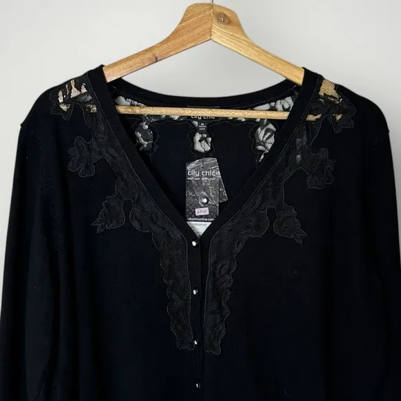 City Chic Black Lace Trim Crystal Button Cardigan Medium V-Neck Knit Sweater - Image 3