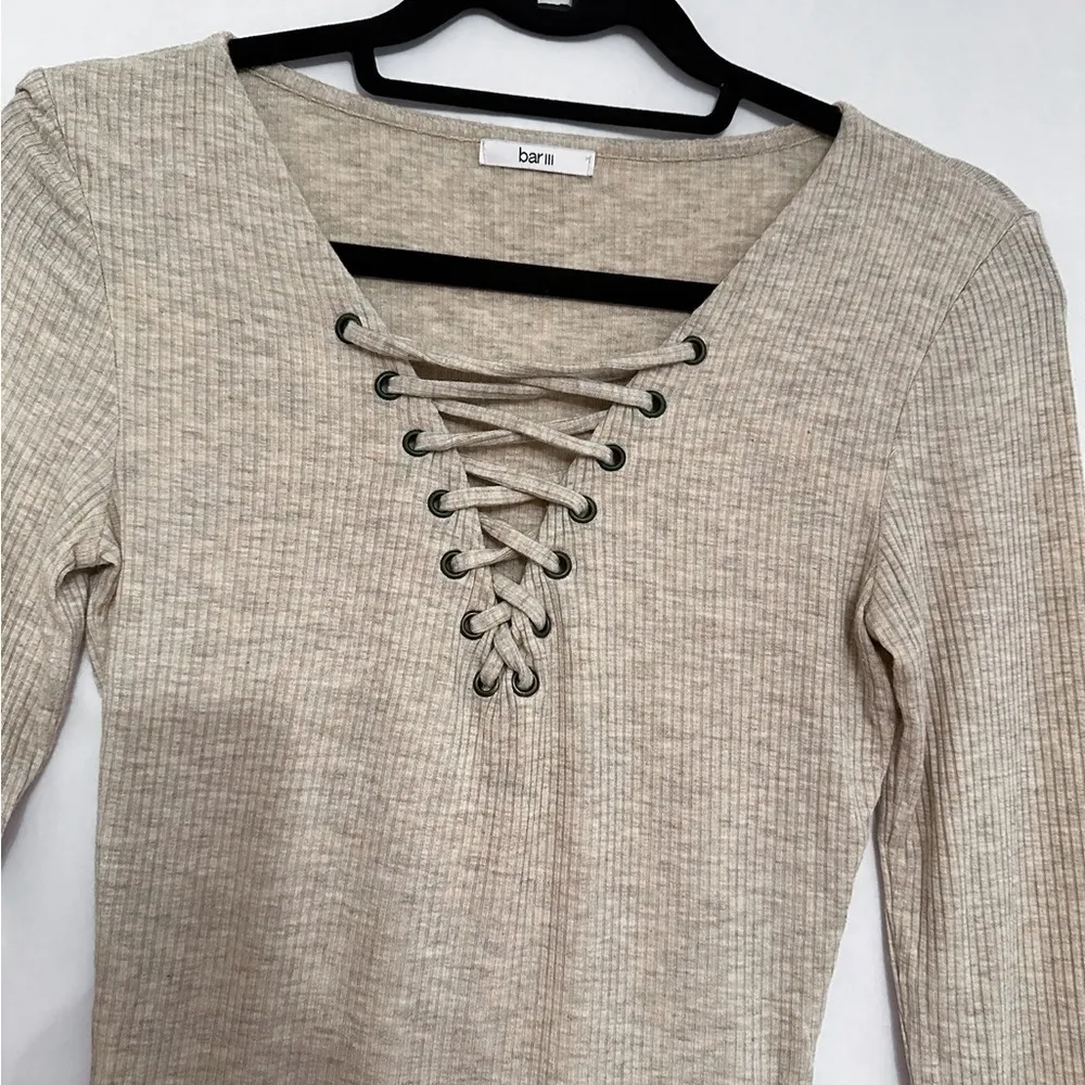 Lace-Up Ribbed Long Sleeve Top - Neutral Beige - Refer to Measurements - Image 4