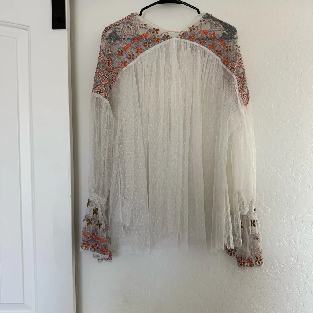Free People Joyride Mesh Tulle Embroidered Sheer Blouse Bobo Fairy Festival XS - Image 3