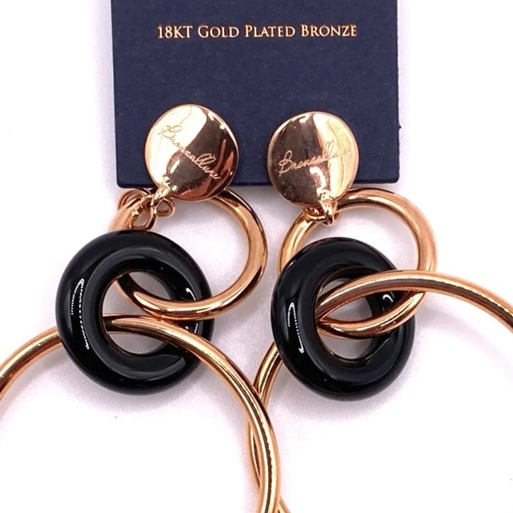 🆕 18kt Rose Gold Earrings Bronzallure & Onyx 3” Dangly Circle Hoop, MILOR ITALY Pink - Image 9