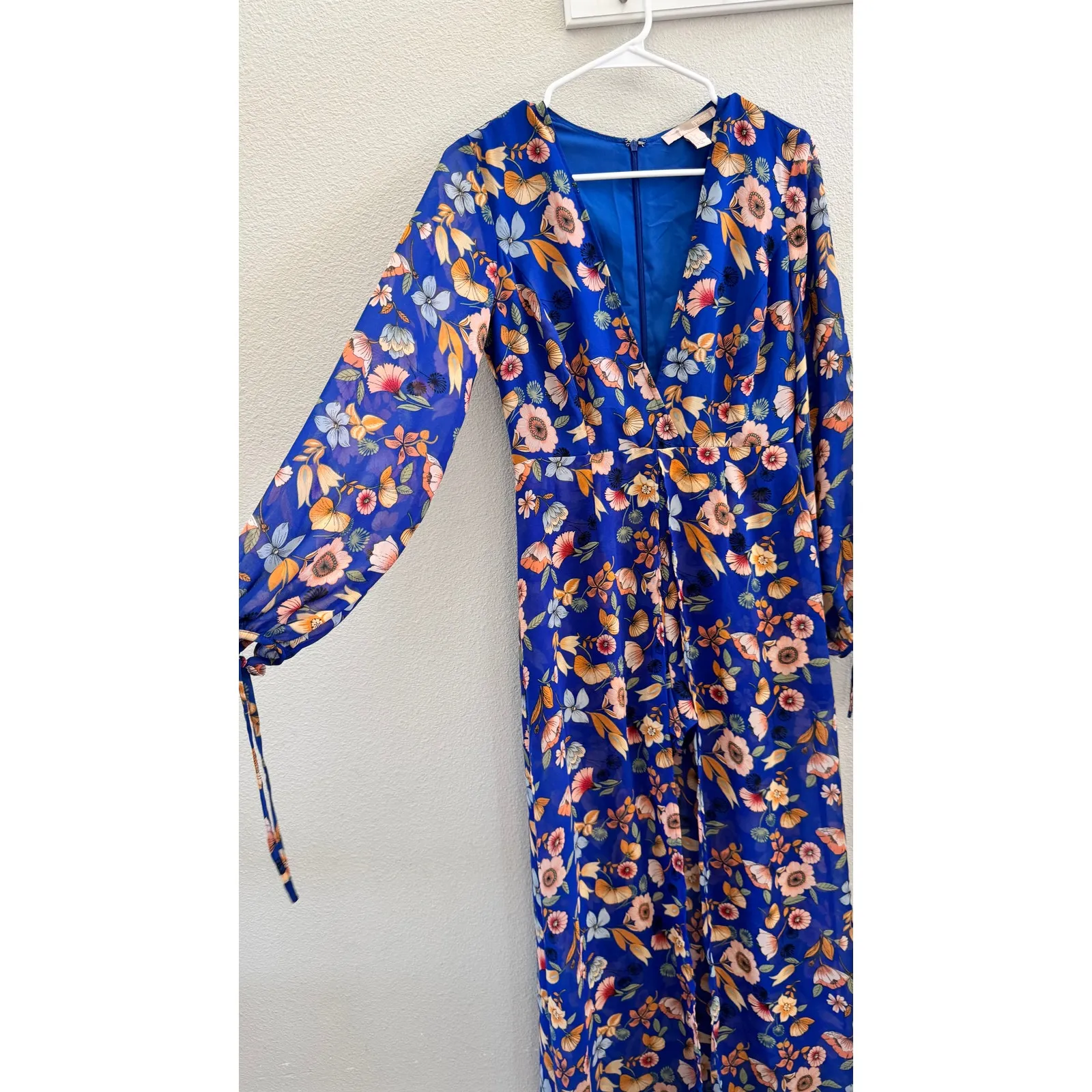 Forever 21 Blue Floral Romper Maxi Dress Womens S V Neck Long Sleeve Like New - Image 3