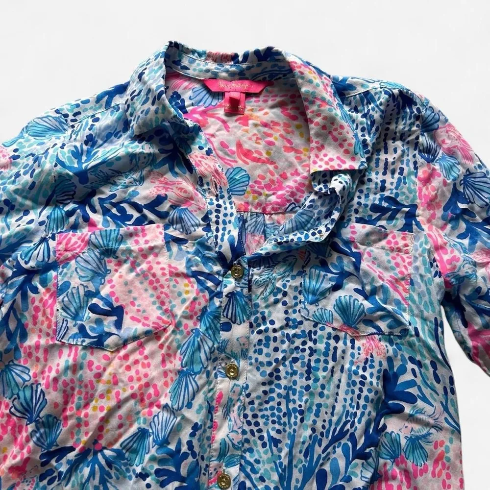 Lilly Pulitzer Natalie Cover-Up Shirtdress blue pink shell sway with me xxs - Image 3