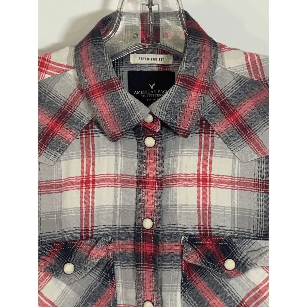 American Eagle Outfitters Women's Boyfriend Fit Tops Plaid Pearl Button Up XS - Image 5