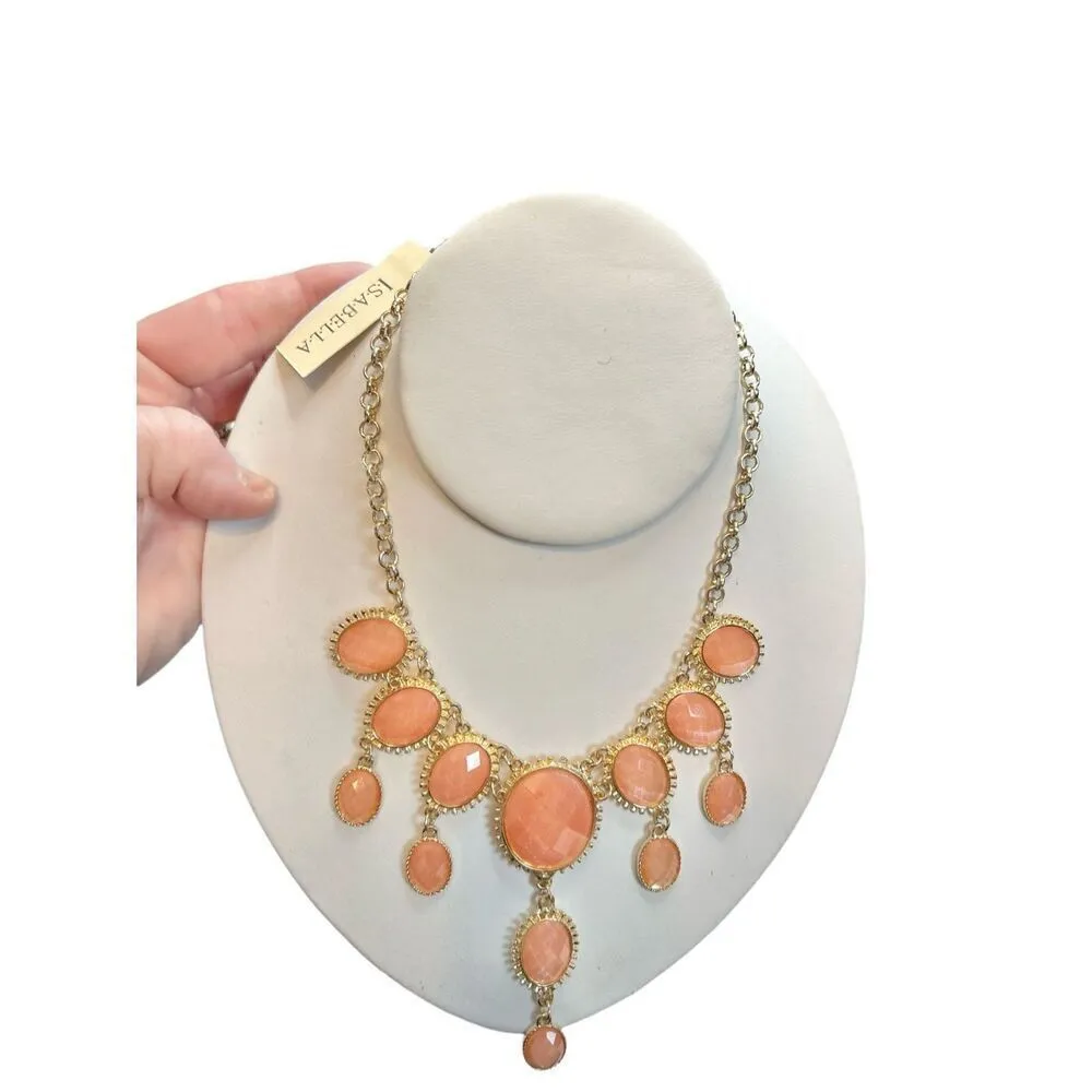 Isabella peach coral toned rhinestone and gold statement necklace NWT Orange - Image 3