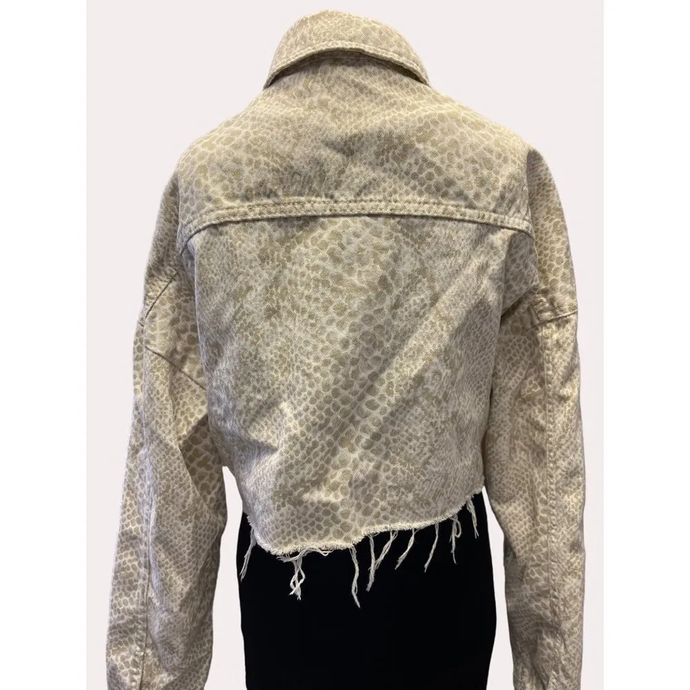 Topshop Women's Beige Snake Skin Cropped Denim Jacket Size 4 SKU 6255 - Image 2