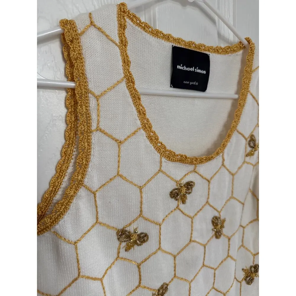 Y2K Michael Simon Knit crochet Bumblebee beaded Vest white gold yellow S/M - Image 5