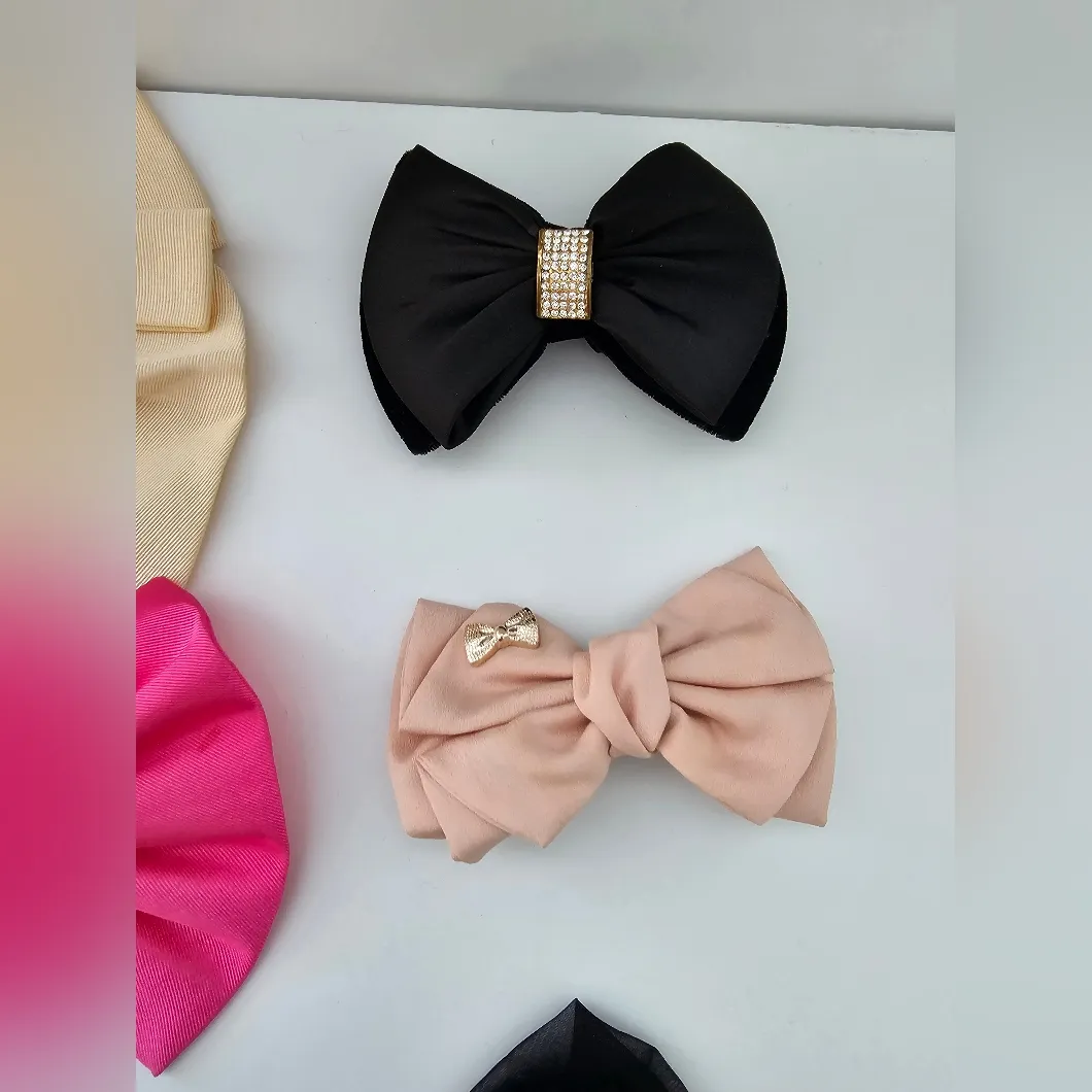 Vintage Bow Barrettes Bright Pink Cream Black Chiffon Grosgrain Ribbon - Image 3