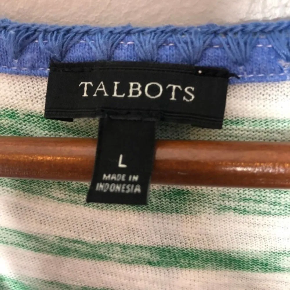 Talbots linen blend stripe tunic top blouse split neck white blue green pink - Image 3