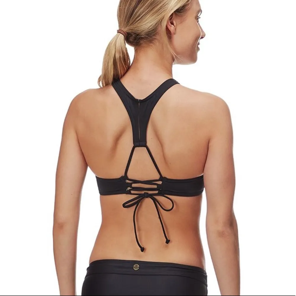 NEW!  AZRA TOP Black High Neck Halter Bikini Top XS Racerback Tassel Ties - Image 5