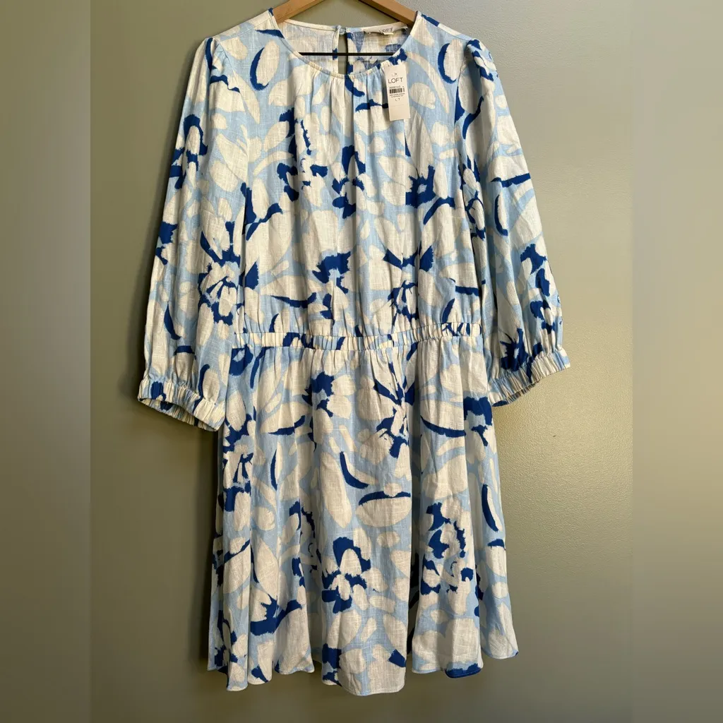 Loft Linen Blend Dress Blue Floral A-Line Soft Coastal Breezy Career Large Tall - Image 3