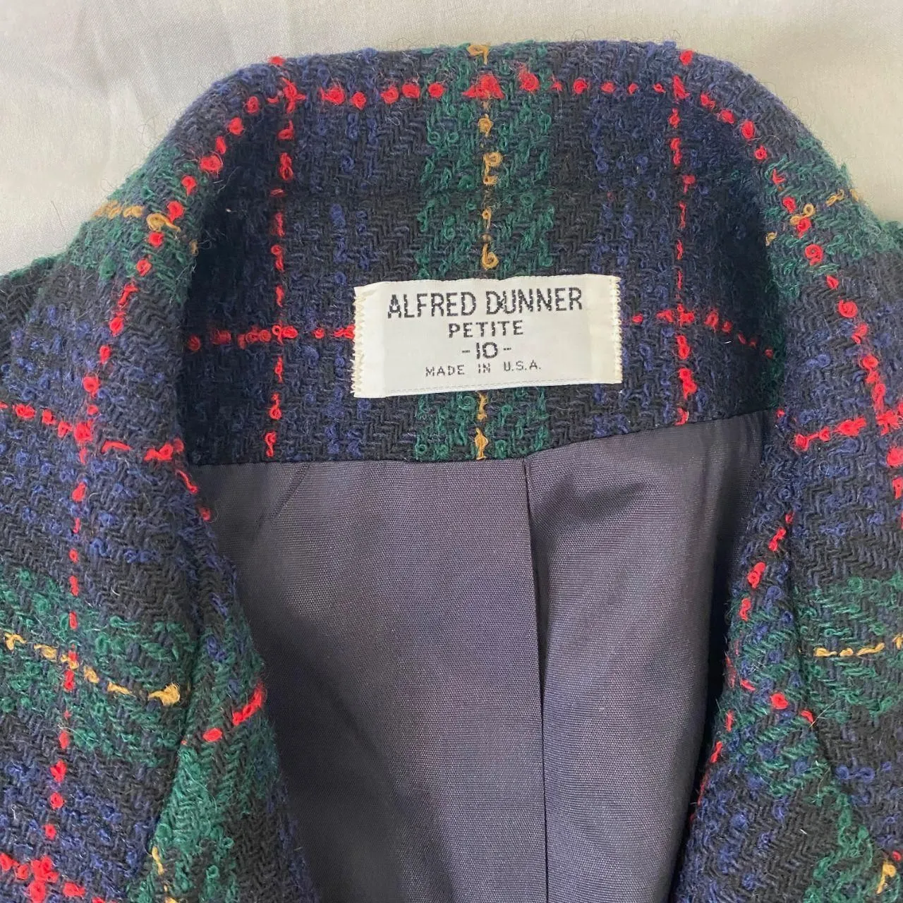 Alfred Dunner Vintage Made in USA Navy Green Wool Plaid Gingham Blazer Coat M - Image 6